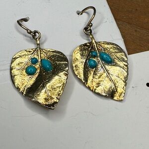 Israel .925 Gold Leaf Earrings with Turquoise Accents